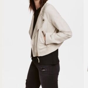 H&M Cropped Biker Jacket Womens Sz 10 Cream Moto Asymmetrical Zip Linen Cotton